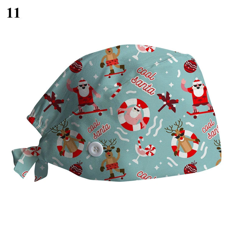 New Christmas Scrubs Caps Santa Claus Print Cap Pet Grooming Agency Work Scrubs Hat Beauty Work Hats Lab Nursing Cap