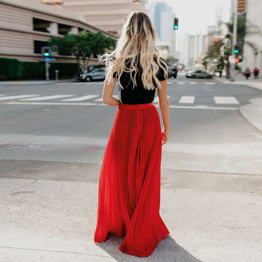 2022 Fashion Womens A-line Pleated Red Skirts Summer Jupe Longue Elastic Vintage Elegant Chic Loose Long Skirt Dropshipping