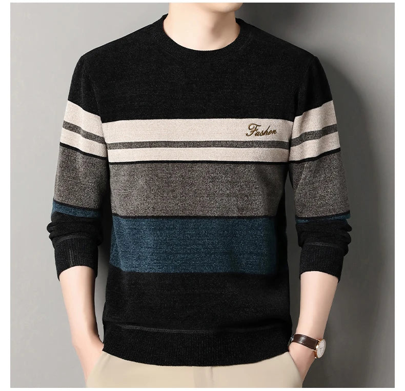 Mens Chenille Sweaters Fashion Knitting Pullover Striped Men's Autumn Winter Top Clothes Round Neck Knitted Sweaters