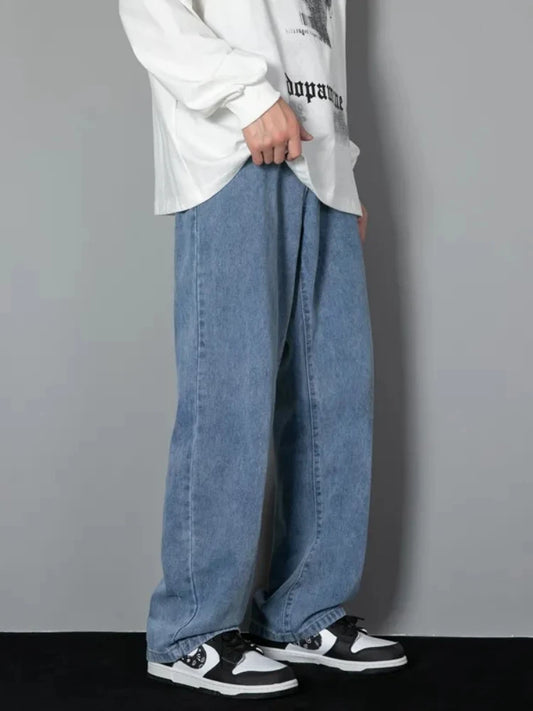 2024 New Men's Fashion Jeans Korean Style Solid Color Loose Straight Wide Leg Casual Denim Long Pants Classic Style Male