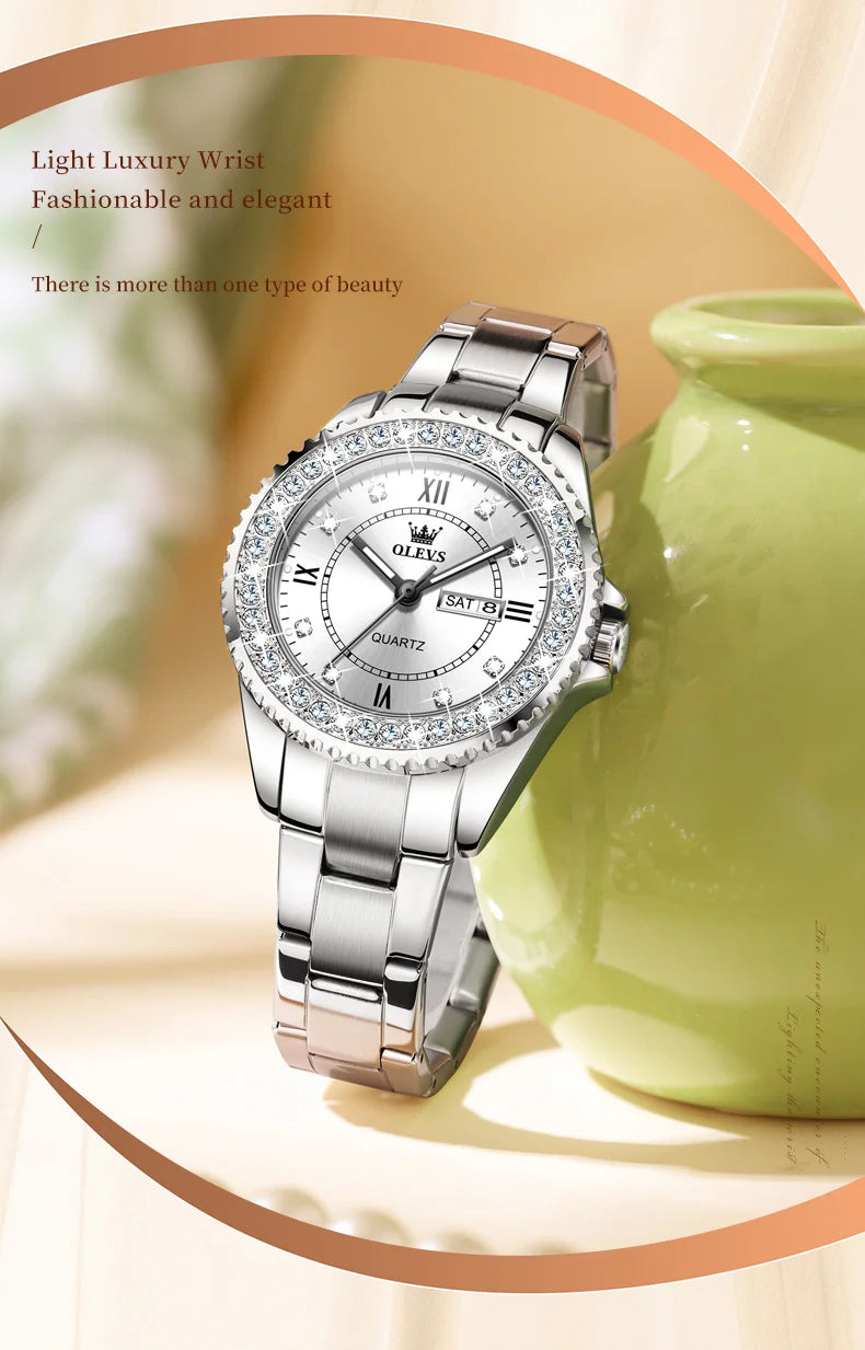 OLEVS Top Original Diamond Quartz Watch for Women Stainless Steel Waterproof Luminous Dual Calendar Luxury Women's Wristwatches