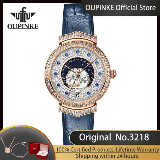 OUPINKE 3218 Imported Swiss Quartz Movement Watch for Women Starry Sky Fully Diamond Real Leather Strap Luxury Ladies Wristwatch