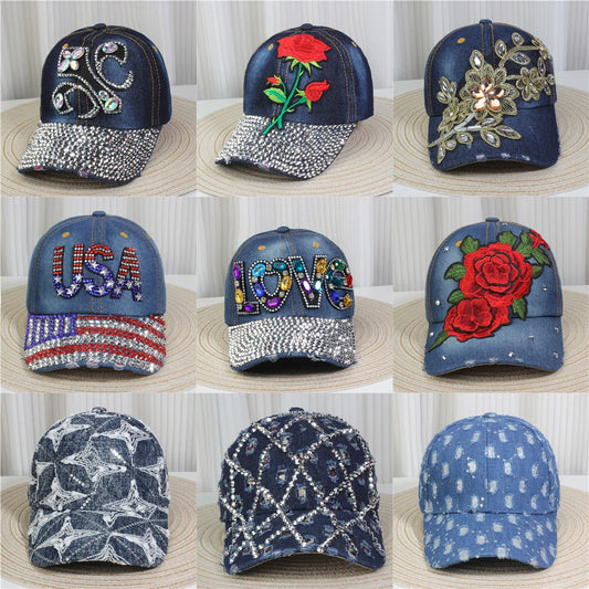 Women's Baseball Cap Diamond Painting Embroidery Flower Denim Snapback Hats Jeans Woman Female Cap Cowboy Summer Sun Hat