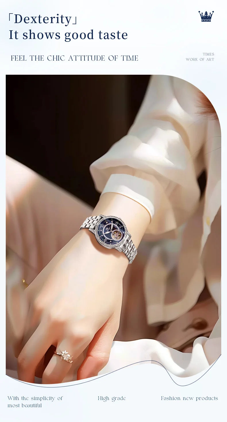 OLEVS 7036 Hollow Original Mechanical Watch For Women Diamond Luxury Automatic Hand Clock Waterproof Elegant Woman Dress Watches