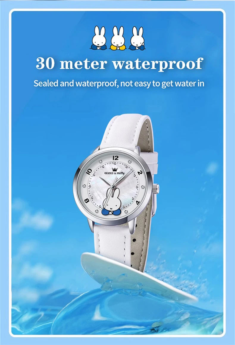 OLEVS & Miffy Joint Edition Women's Watches Casual Cute Style Original Quartz Watch for Girl Leather Strap Box Gift for Kids