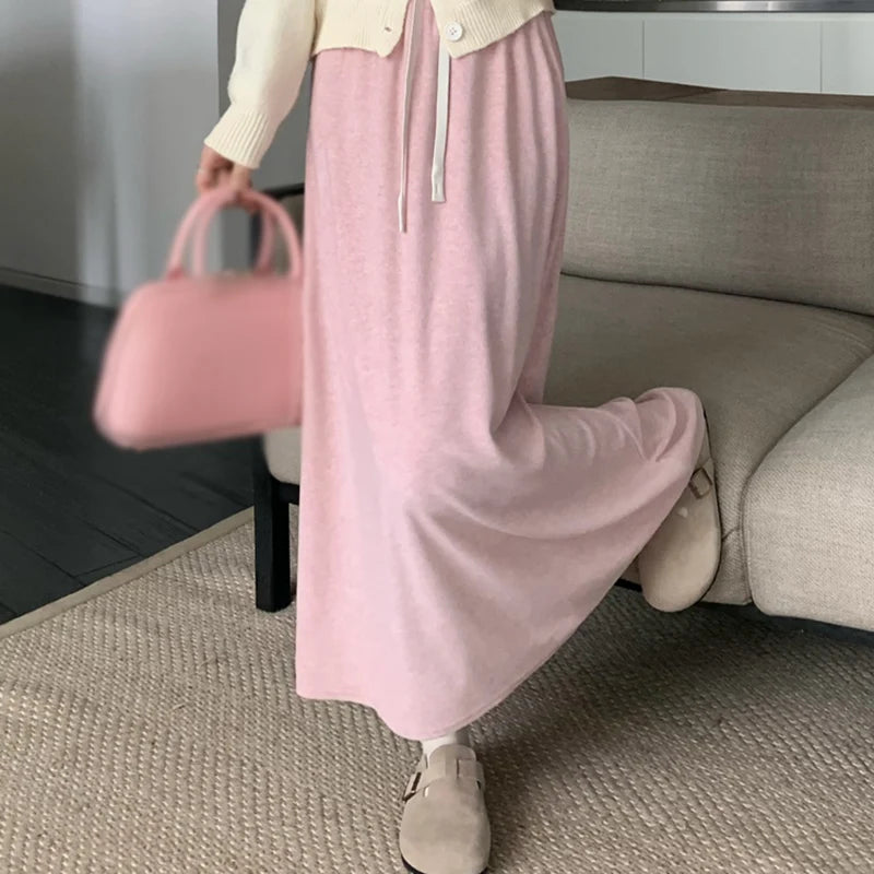 Women's Skirt Solid Colour Long Skirt Elastic Drawstring Spring Autumn