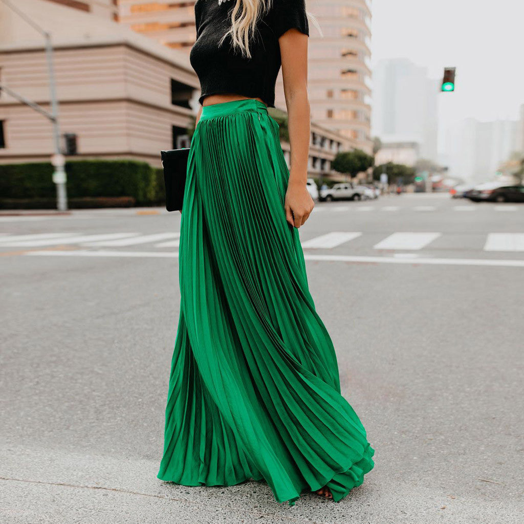 2022 Fashion Womens A-line Pleated Red Skirts Summer Jupe Longue Elastic Vintage Elegant Chic Loose Long Skirt Dropshipping