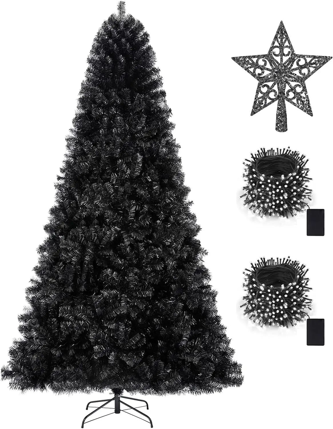 7.5ft Black Christmas Tree  Artificial Decorations with 1,450 Tips-1pcs Treetop Star, Christmas Tree Holiday Party Decorations