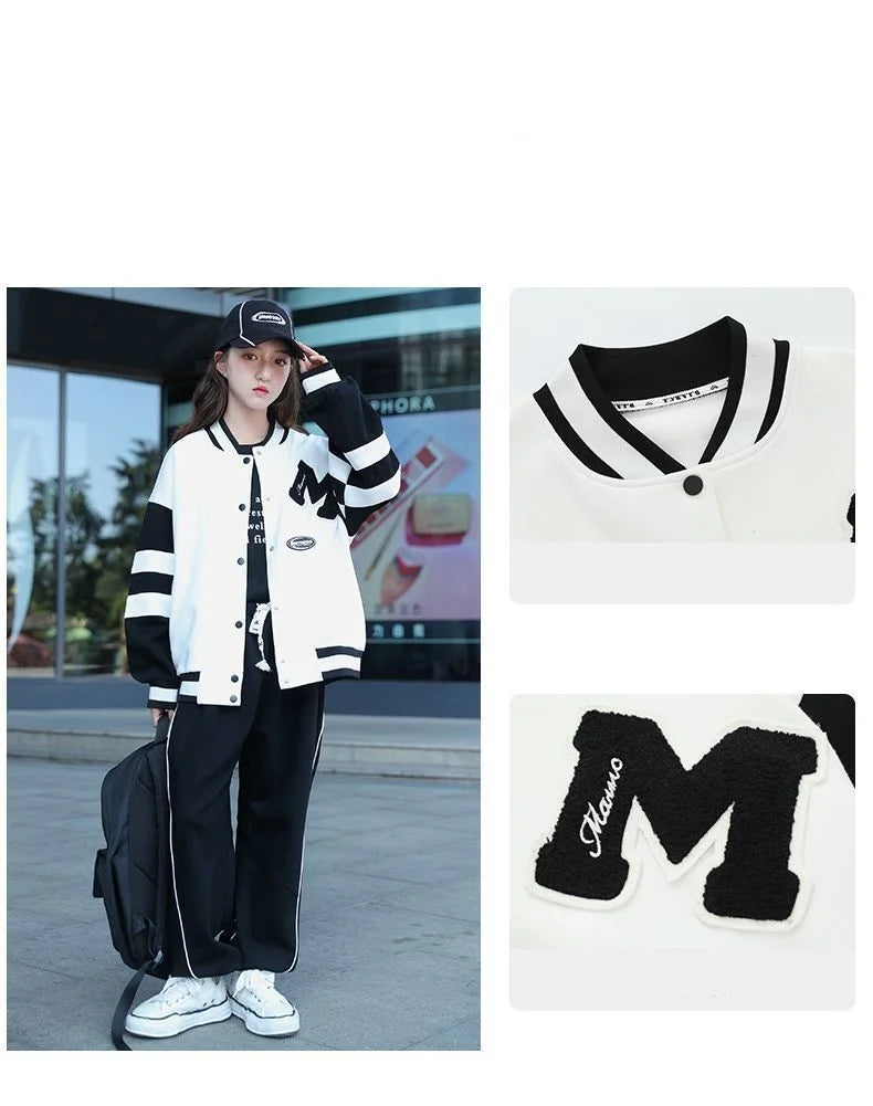 Girls Contrast Alphabet Single-breasted Sweat Varsity Jacket+Drawstring Sweatpant Set School Kids Tracksuit Child Outfit 3-14Yrs