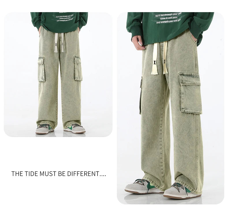 Autumn New Men Cargo Jeans Baggy American High Street Y2K Multi-pocket Youth Overalls Fashion Streetwear Vintage Wide Leg Pants