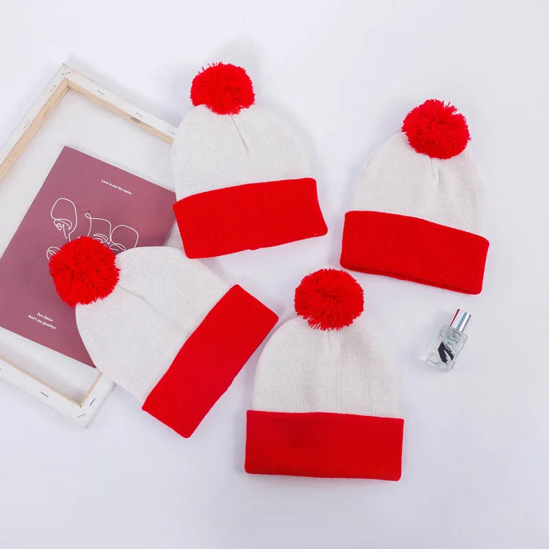 Men Women Christmas Decoration Colour Blocking Wool Cap Beanie Hat Halloween Striped Red Wool Ball Cap Knitted Cap Hot