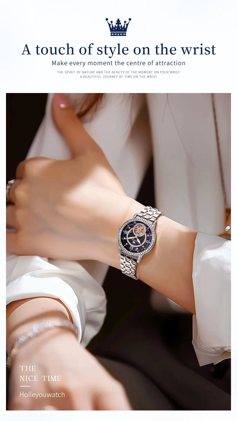 OLEVS 7036 Hollow Original Mechanical Watch For Women Diamond Luxury Automatic Hand Clock Waterproof Elegant Woman Dress Watches