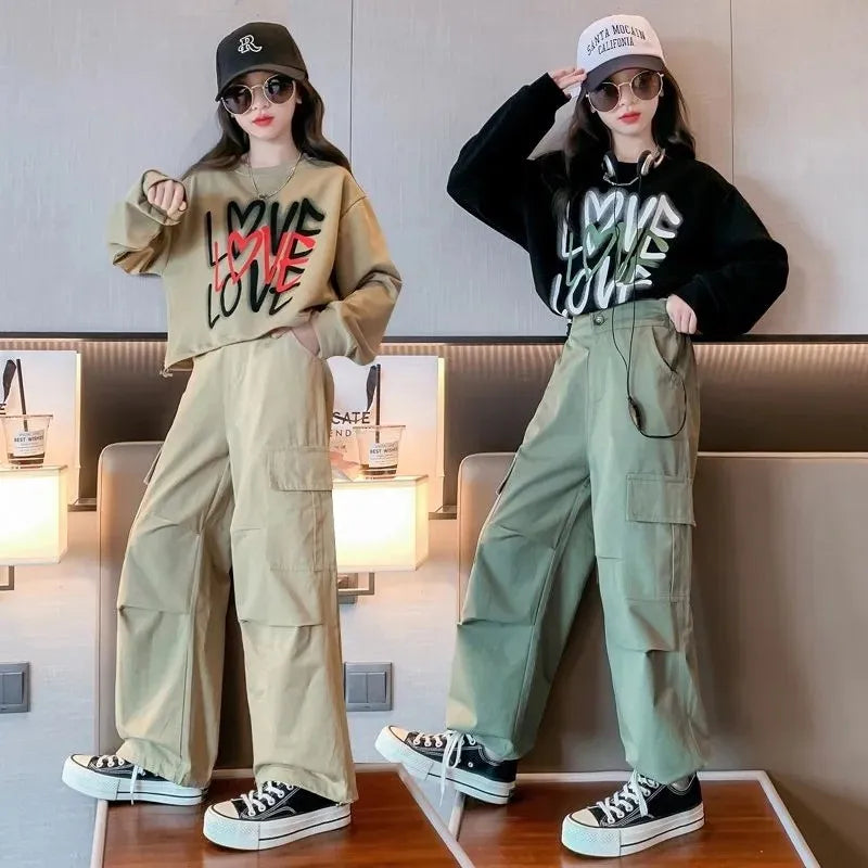 Kid Girls Sweater+Cargo Pants 2Pcs Suit Autumn Teen Clothing Set Fashion Letter Printing Outfits Spring New Tracksuit 3-14 Years