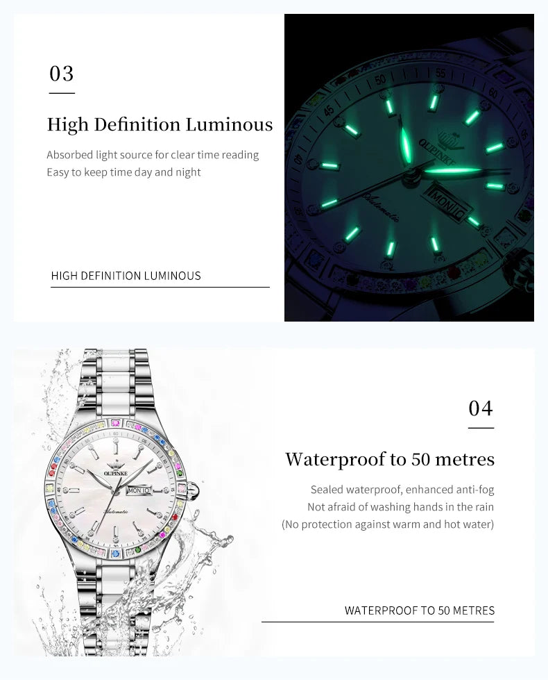 OUPINKE Mechanical Watch for Women Stainless steel Ceramic Strap Sapphire Mirror Waterproof Luminous Calendar Week Ladies Watch