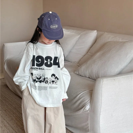 2024 Spring Boys and girls cartoon Letters cotton T shirts Kids O-Neck loose long sleeve Tops