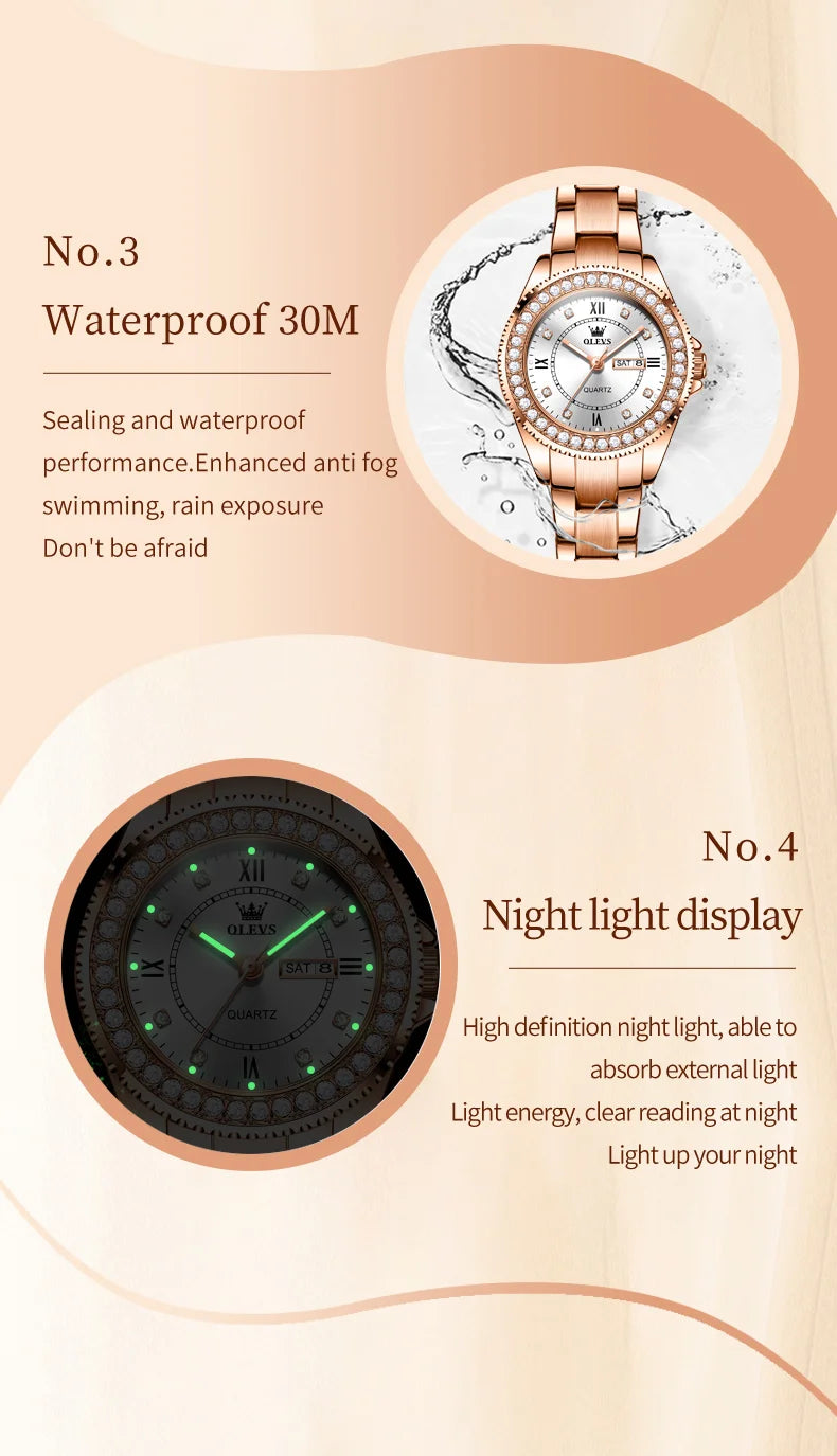 OLEVS Top Original Diamond Quartz Watch for Women Stainless Steel Waterproof Luminous Dual Calendar Luxury Women's Wristwatches