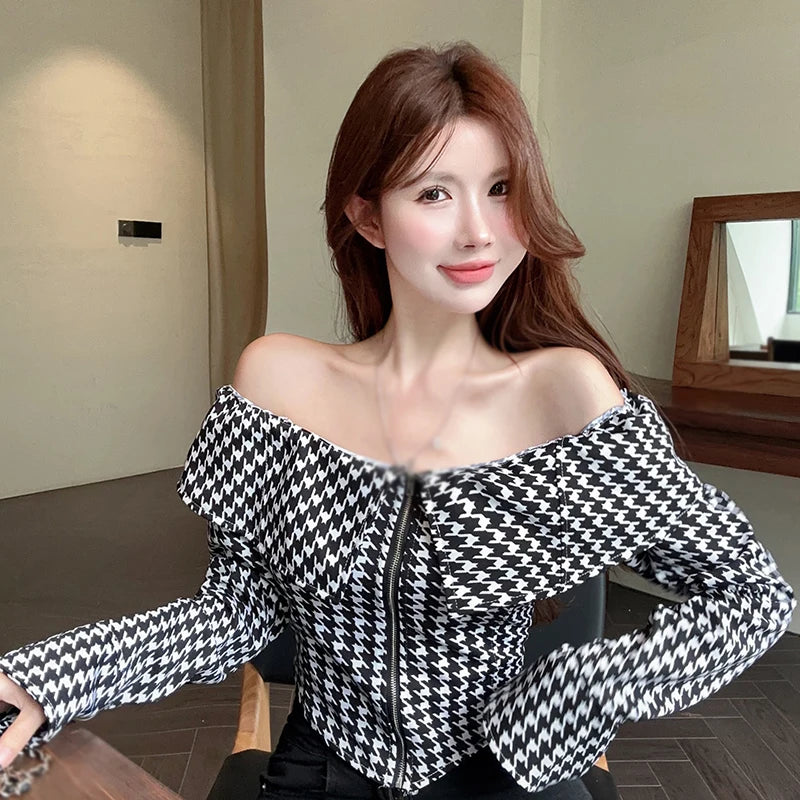 Women's Shirt Korean Version Spring Autumn Plaid Zipper Long Sleeves Fashion Blouse Clothing