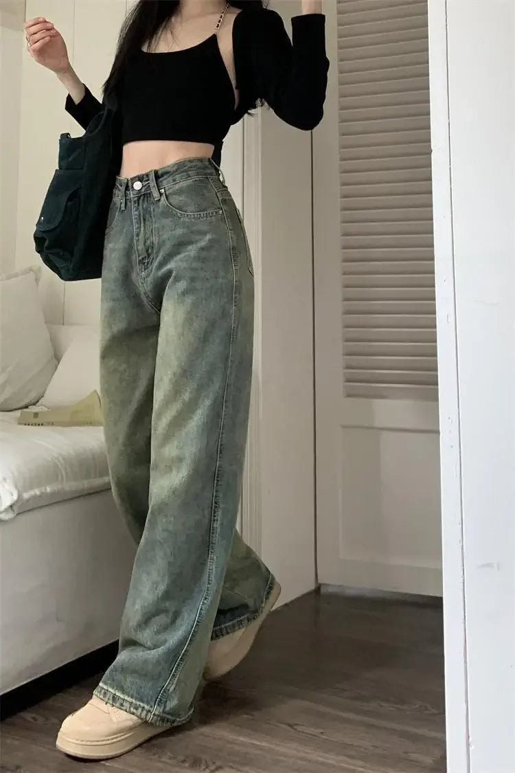 Vintage High-waisted Slimming Jeans American Style Casual Bell Bottoms Versatile Straight-leg Long Pants For Women