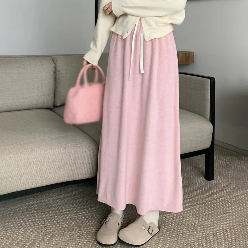 Women's Skirt Solid Colour Long Skirt Elastic Drawstring Spring Autumn