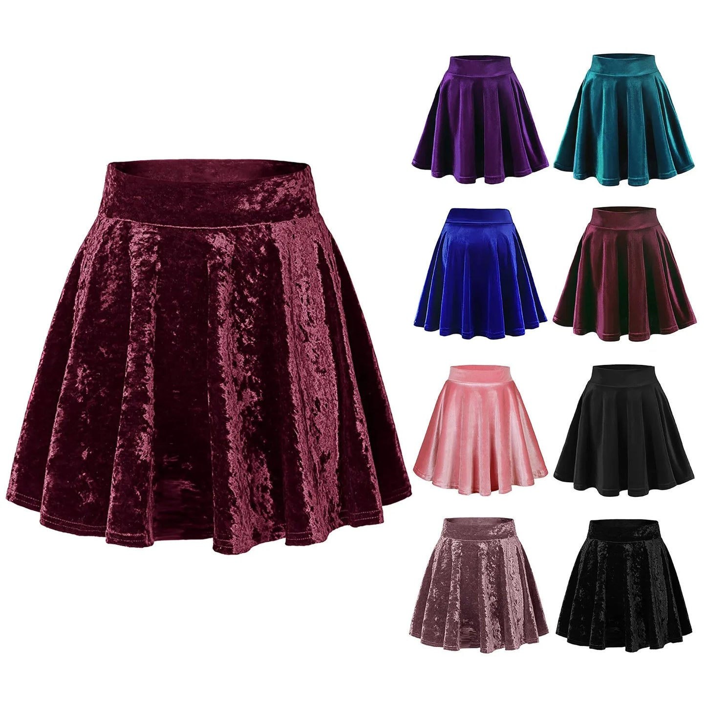 Women's Velvet Stretch Mini Flared Pleated Skater Skirt Jean Skirts Denim Midi Skirts Double Split Skirt