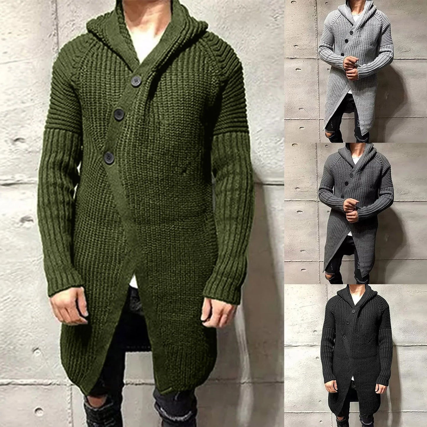 Autumn Winter Men's Cardigans Sweaters New Fashion Loose Irregular Long Jumpers Mens Hooded Solid Color Thick Warm Knit Sweater