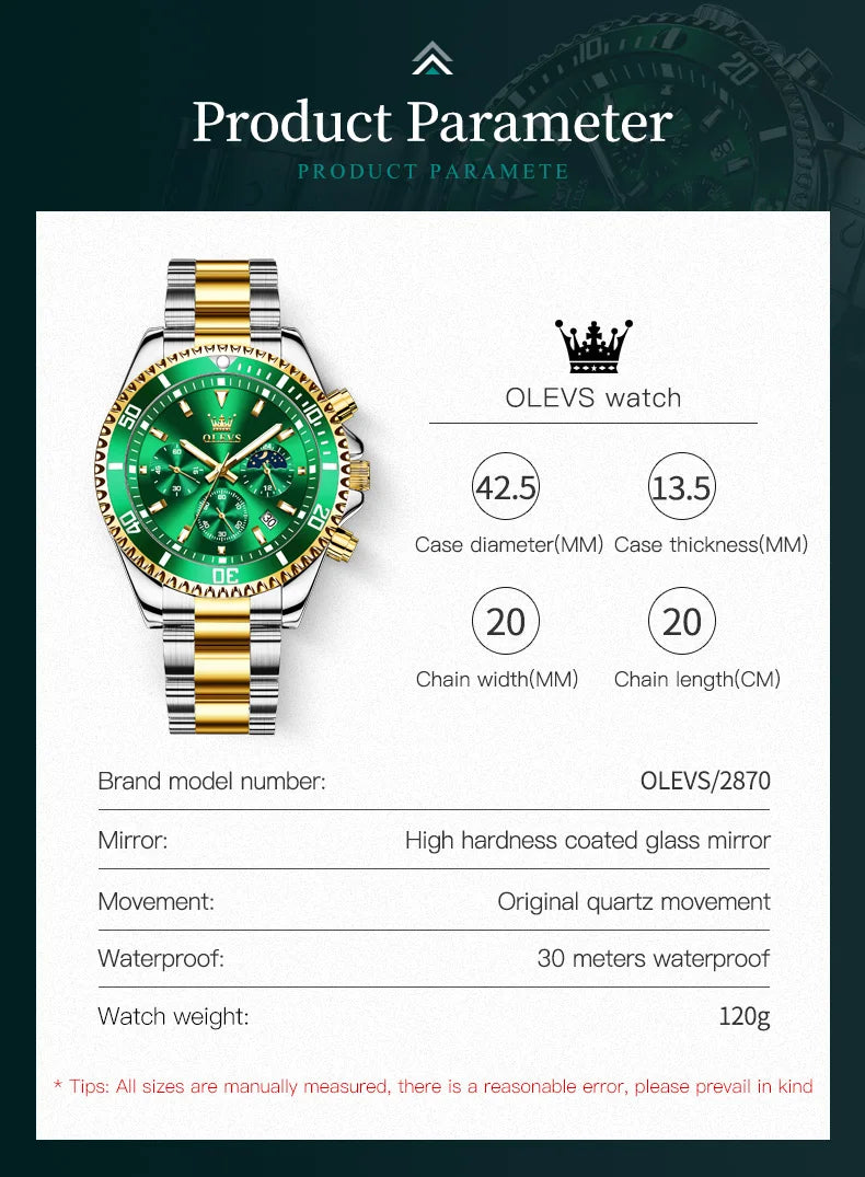 OLEVS Top Brand Men's Watches Pilot Style Trend Fashion Original Wristwatch for Man Waterproof Luminous Moon Phase Chronograph