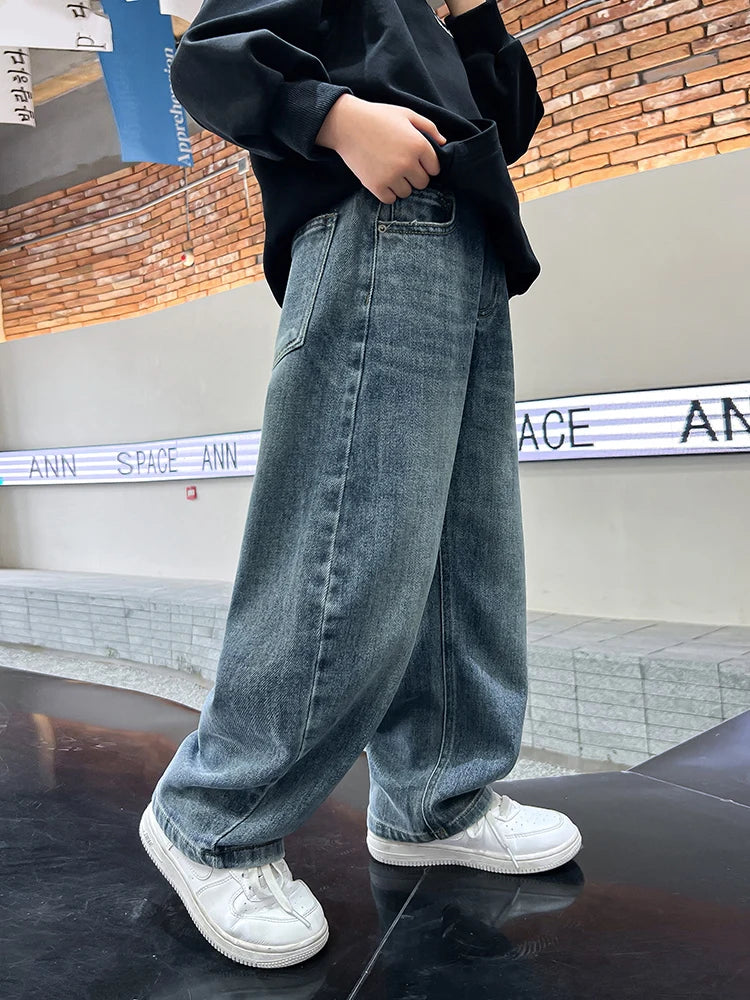 Children's clothing boys fashion loose 2024 new trousers jeans straight leg pants