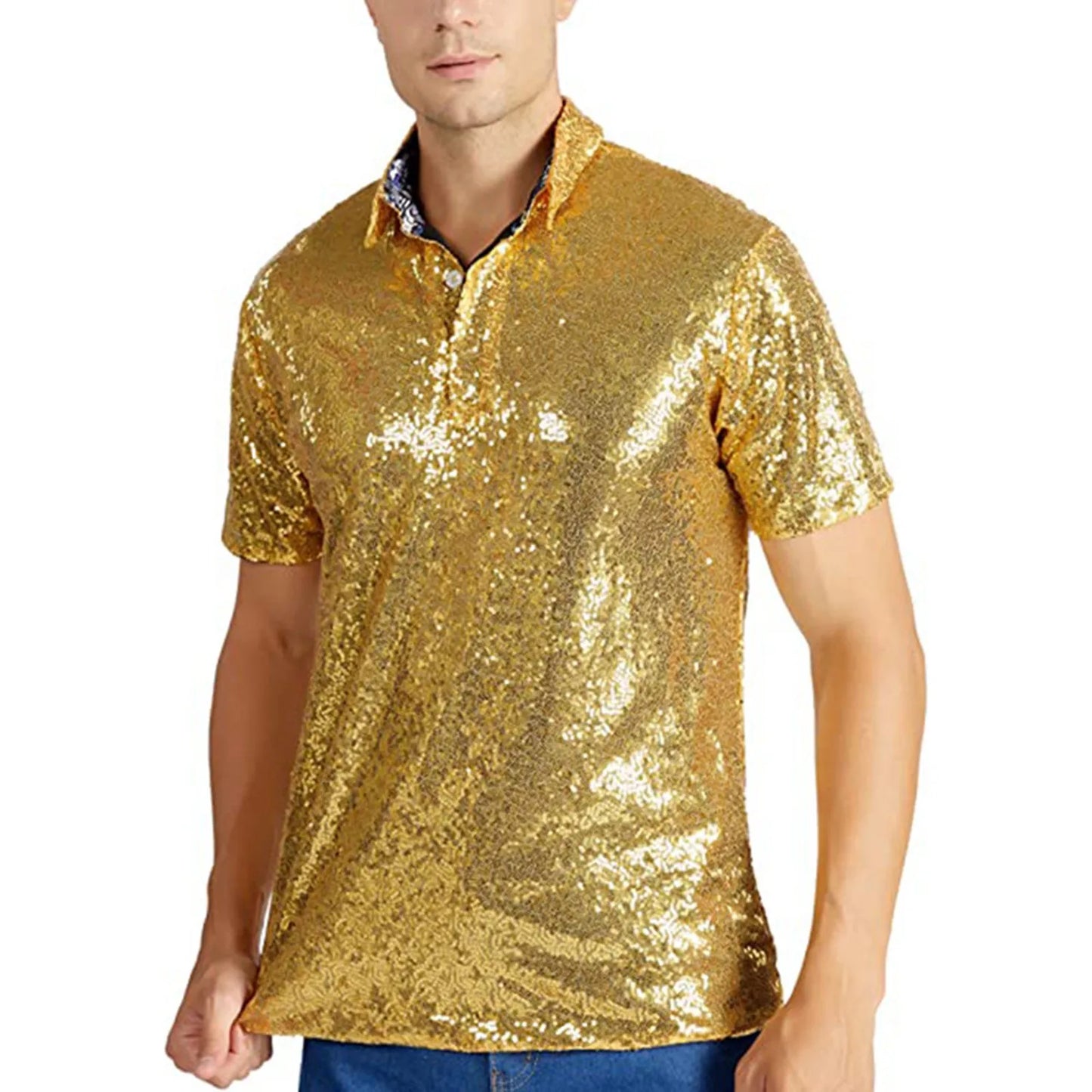 Men'S Relaxed Short Sleeve Turndown Sparkles Sequins Polos Shirts 70s Disco Nightclub Party T Shirts Shirt Men'S Clothing