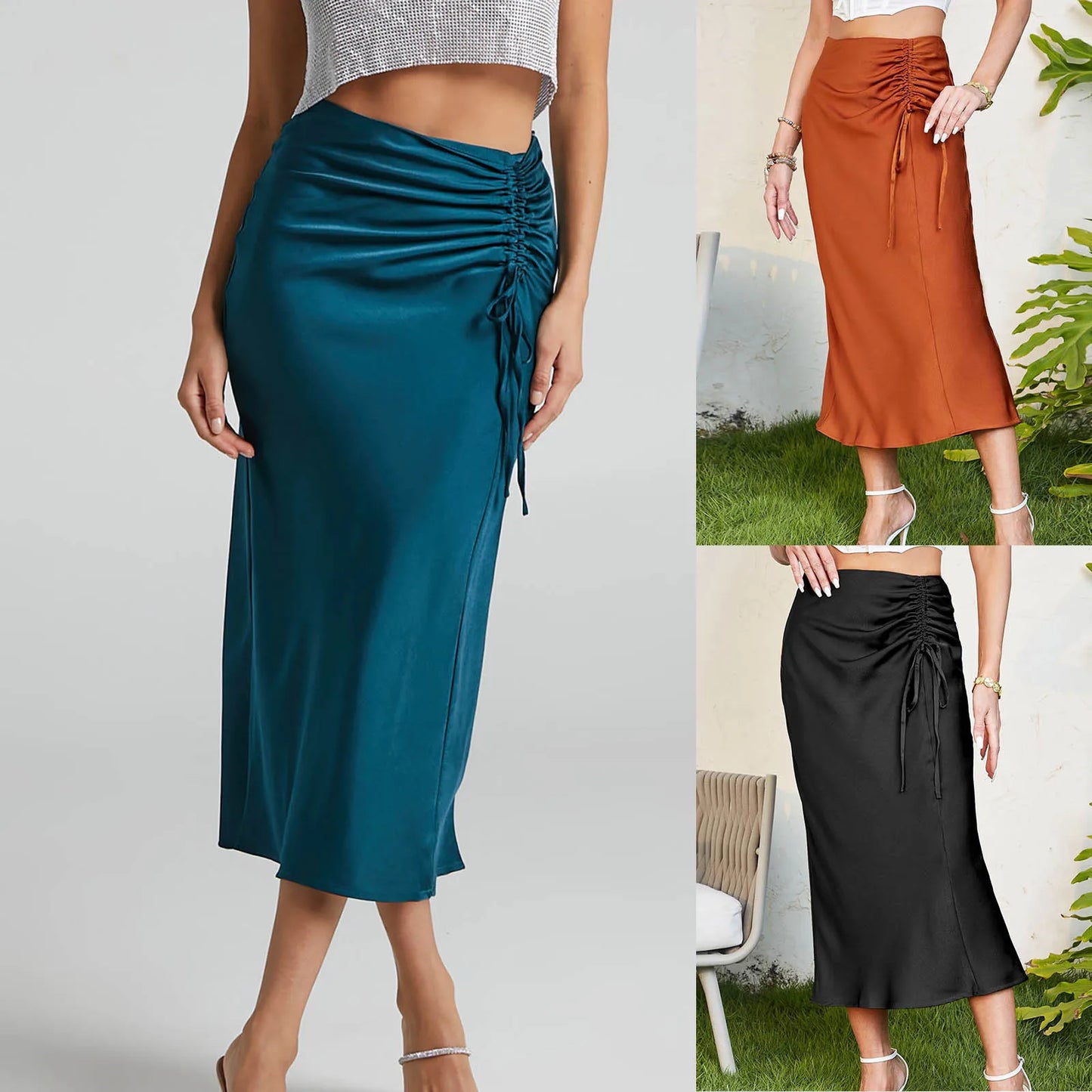 Women Elegant High Waist Ruched Shirring Satin Slim Fit Long Skirt Sexy Hip Wrapped Pleated Solid Color Skirt Chic Office Outfit