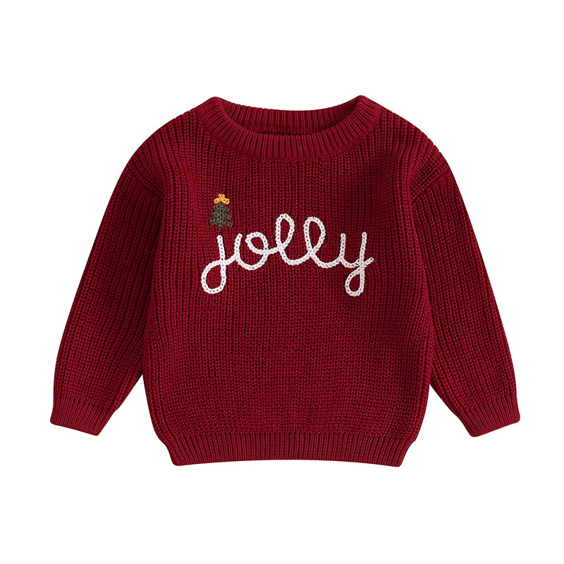 0-36months Baby Christmas Sweaters Lettering Embroidered Cozy Long Sleeve Ribbed Knit Pullover for Toddlers Boys And Girls