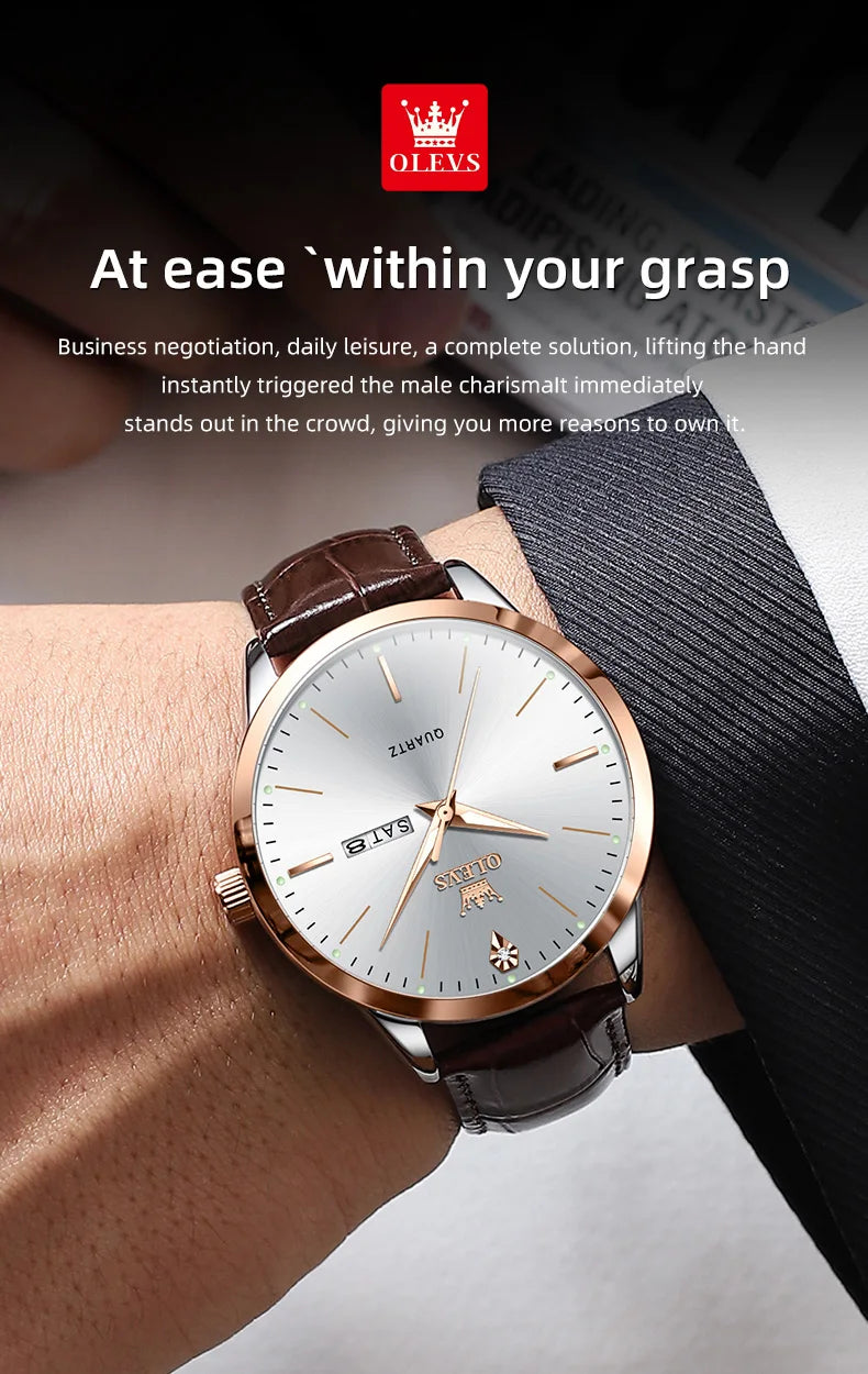 OLEVS Fashion Business Brand Original Men Watches Leather Strap Trend Week Calendar Quartz Watch Luminous Waterproof 43mm Dial