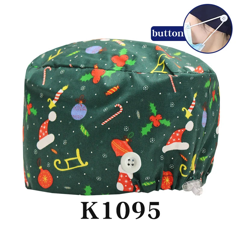 Santa Claus Print Surgical Caps Christmas Scrub Hats Dental Hospital Nurse Headwear Durable Medical Caps Soft Cotton K1093