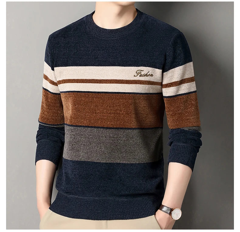 Mens Chenille Sweaters Fashion Knitting Pullover Striped Men's Autumn Winter Top Clothes Round Neck Knitted Sweaters