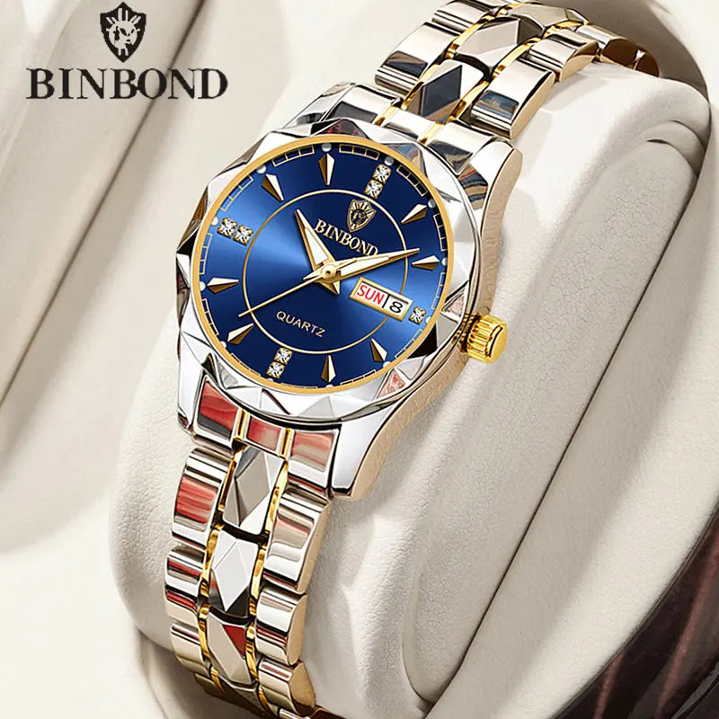 BINBOND B5552 New Luxury Brand Quartz Womens Watches 30M Waterproof Luminous Date Wristwatch Fashion Business Womens Watches