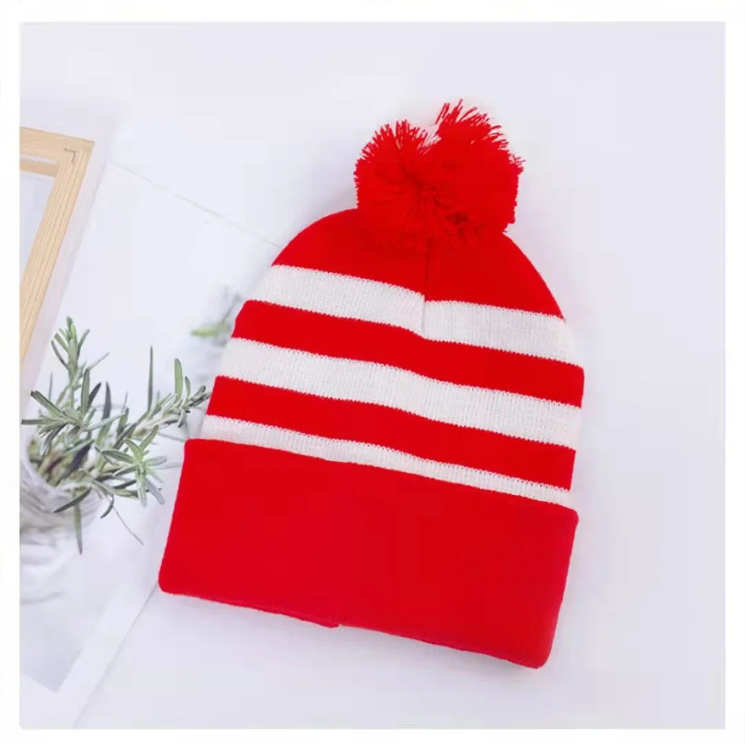 Men Women Christmas Decoration Colour Blocking Wool Cap Beanie Hat Halloween Striped Red Wool Ball Cap Knitted Cap Hot