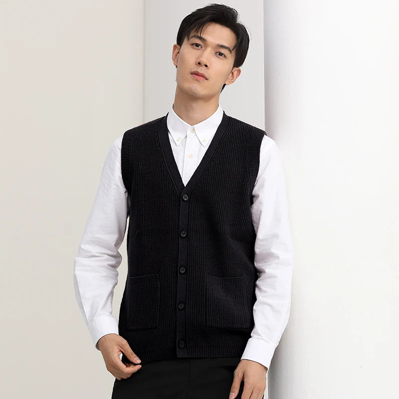 Men's Sweater Vest V-Neck Sleeveless Knitted Button Cardigan DXL Big and Tall Solid Thickened thermal coat knitted vest