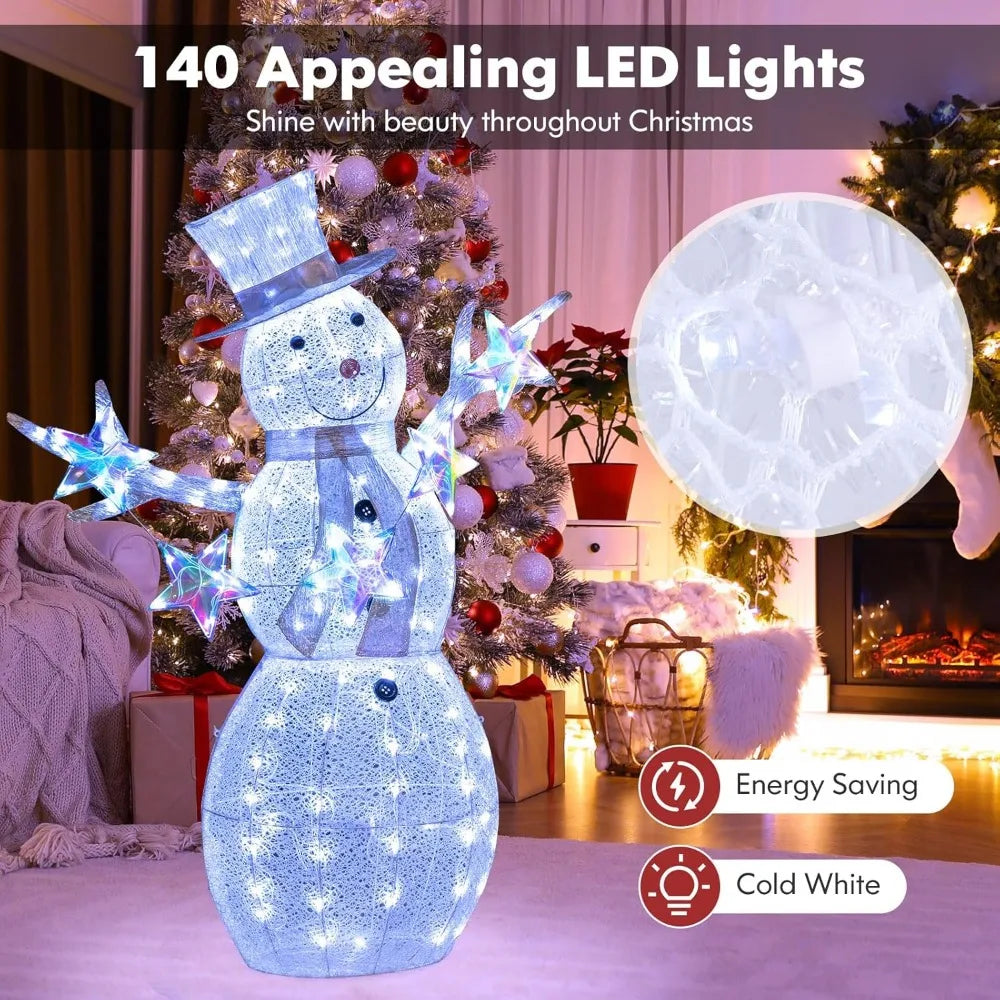 5 FT Christmas Lighted Snowman with Stars, Lighted Christmas Decoration with 140 Cold White LED Bulbs, Ground Stakes &