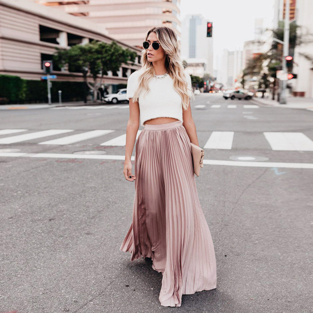 2022 Fashion Womens A-line Pleated Red Skirts Summer Jupe Longue Elastic Vintage Elegant Chic Loose Long Skirt Dropshipping