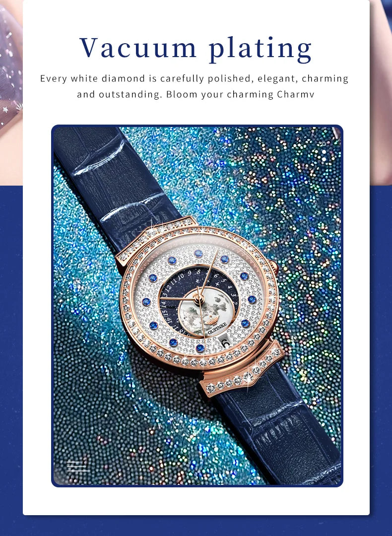 OUPINKE 3218 Imported Swiss Quartz Movement Watch for Women Starry Sky Fully Diamond Real Leather Strap Luxury Ladies Wristwatch