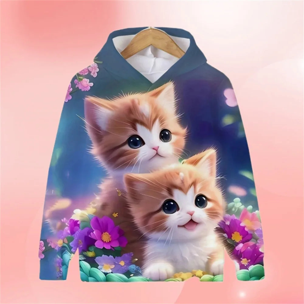 2024 Kawalii Girls Clothes Hoodies for Kids Cat Hoodie Fashion Cartoon Spring Autumn Casual Cartoon Print Sweaters for Children