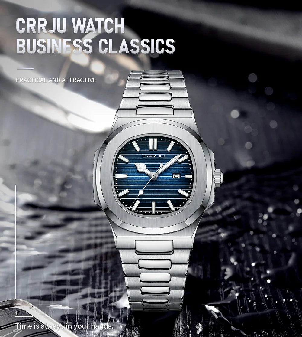 CRRJU Luxury Man Wristwatch Business Stainless Steel Quartz Men Watch Waterproof Luminous Date Square Men's Watches Clock