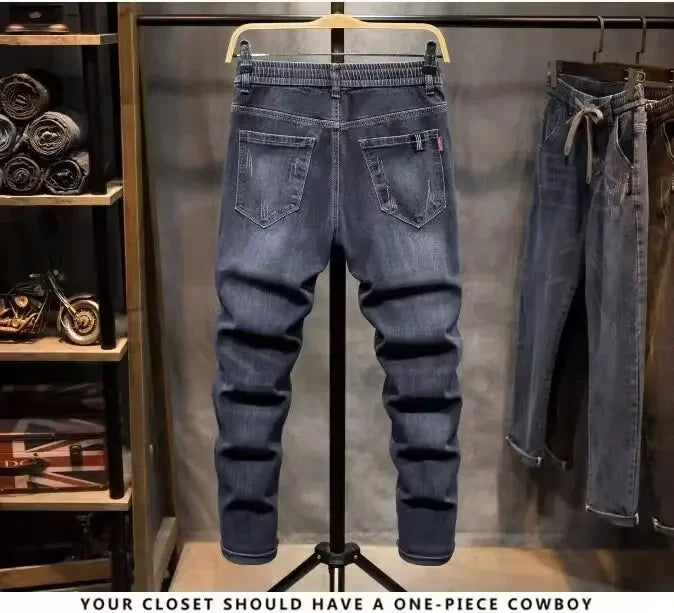 2024 New Elastic Waist Jeans For Men Straight-leg Spring Autumn Drawstring Summer Thin Slims Smooths Your Silhouette Long Pants