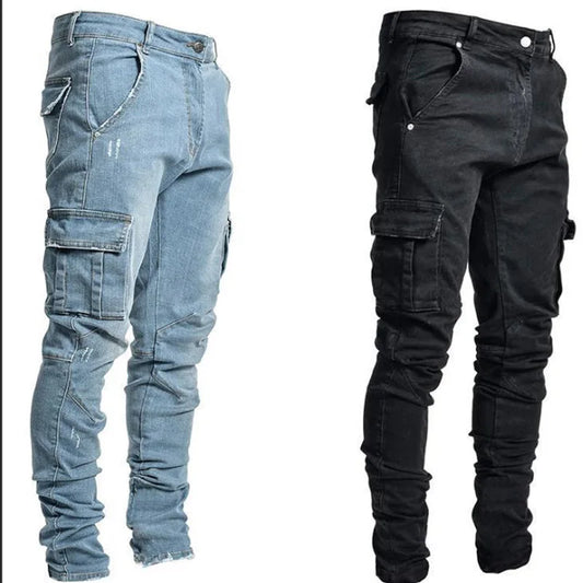 Men Jeans Pants Wash Solid Color Multi Pockets Denim Mid Waist Cargo Jeans Plus Size Fahsion Casual Trousers Male Brand Blue