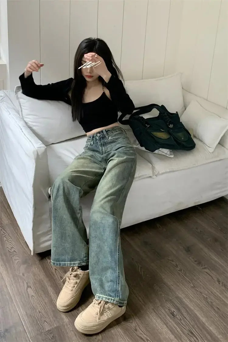 Vintage High-waisted Slimming Jeans American Style Casual Bell Bottoms Versatile Straight-leg Long Pants For Women