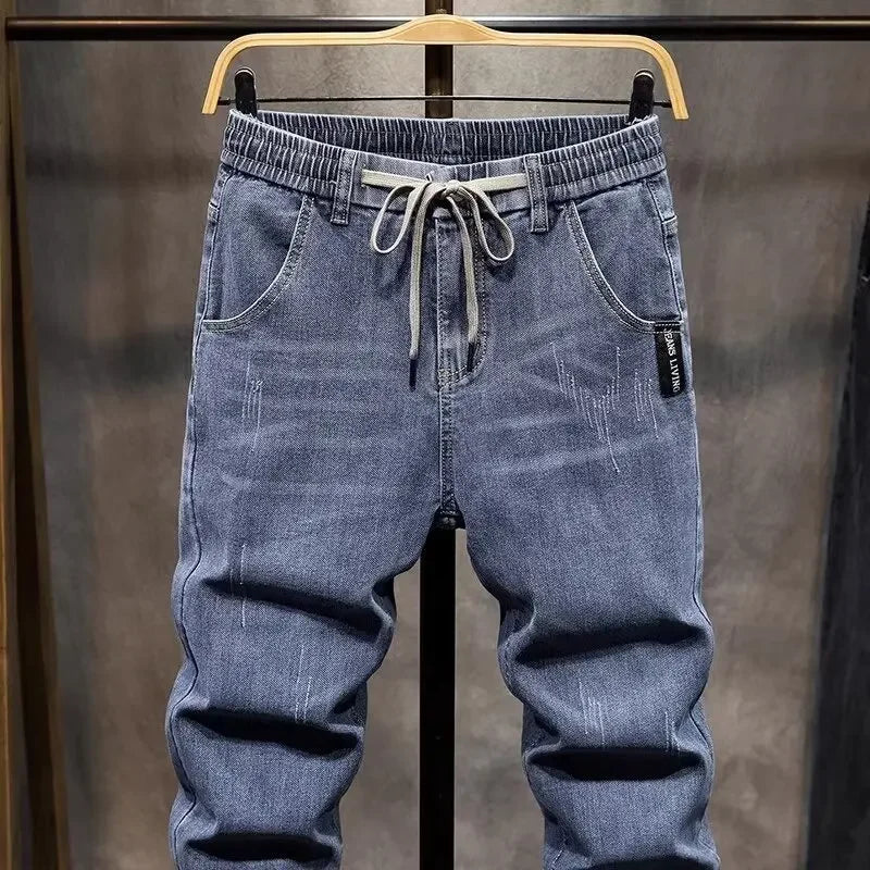 2024 New Elastic Waist Jeans For Men Straight-leg Spring Autumn Drawstring Summer Thin Slims Smooths Your Silhouette Long Pants