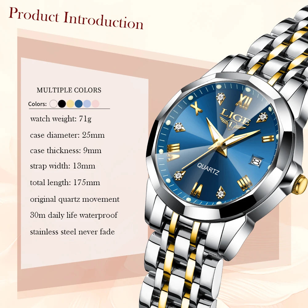 Top Brand 2024 New LIGE Women Watch Luxury Waterproof Fashion Ladies Stainless Steel Watches Women Quartz Clock Relogio Feminino