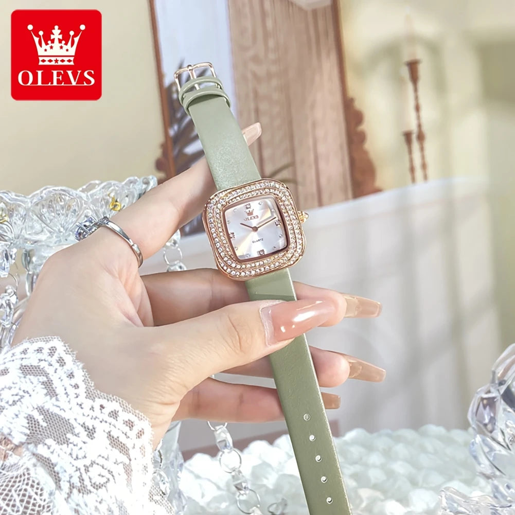 OLEVS 5512 Diamond Watch for Women Fashion Square Dial Leather Strap Waterproof Women's Dress Watches Original Quartz Wristwatch