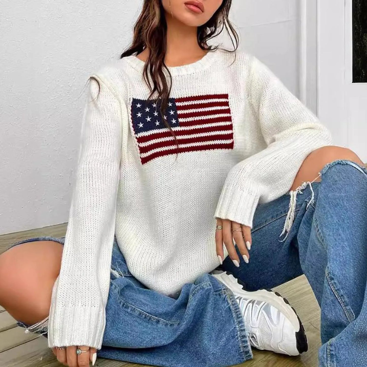 2024 New Womens Flag Print Sweater Autumn Knitted Sweater Elegant Jumper Casual O-Neck Knitwears Pullover