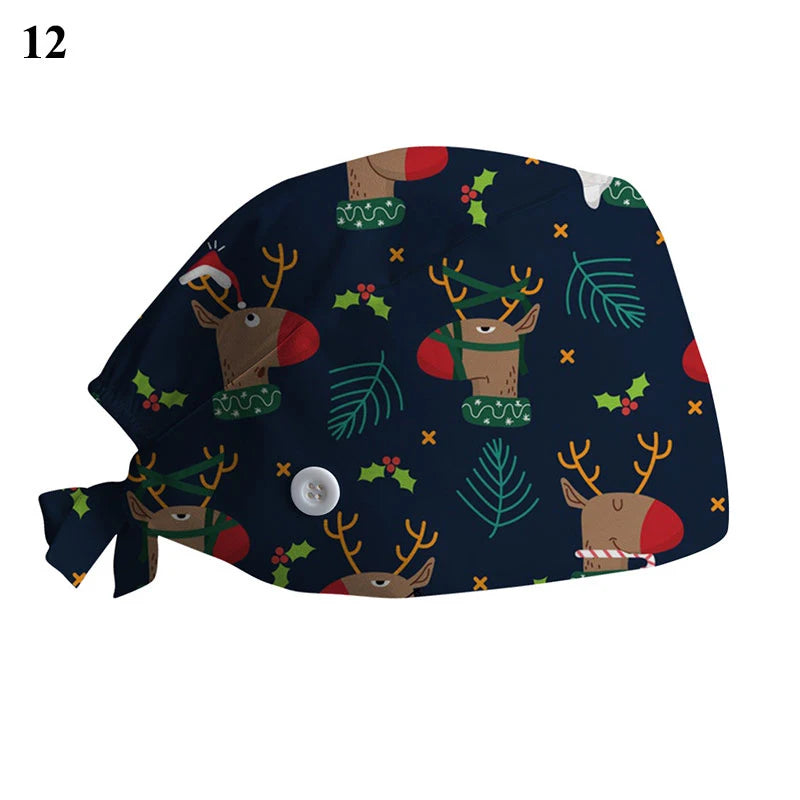 New Christmas Scrubs Caps Santa Claus Print Cap Pet Grooming Agency Work Scrubs Hat Beauty Work Hats Lab Nursing Cap