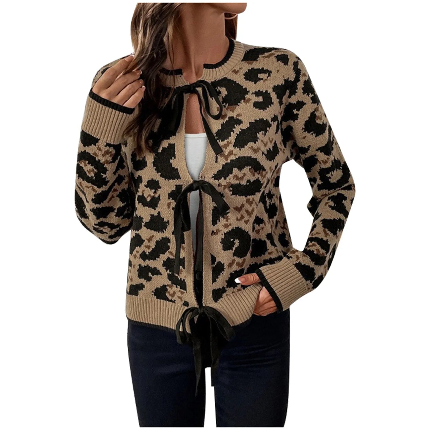 Leopard Print Bow Tie Front Knit Sweaters Cardigan Crew Neck Long Sleeve Sweater Jacket Women Loose Casual Comfy Sweater